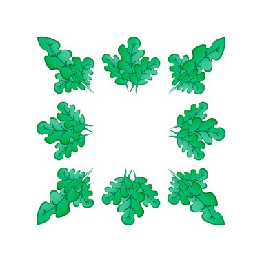 Kare arkaplandaki çerçeveler - stilize edilmiş yeşil meşe yaprakları, bitkiler - grafikler. Muhteşem orman dünyası. Tasarım elemanları. Web sitesi, blog, duvar kağıdı, tekstil, ambalaj için arkaplan.