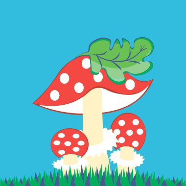 Kare arkaplanda vektör illüstrasyonu- stilize mantarlar - çimenlerin üzerinde şapkalı bir yaprak ile uçan üç kişilik bir aile. Muhteşem bir dünya. Gerçeküstü. Tasarım ögeleri.