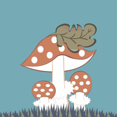 Kare arkaplanda vektör illüstrasyonu- stilize mantarlar - çimenlerin üzerinde şapkalı bir yaprak ile uçan üç kişilik bir aile. Muhteşem bir dünya. Gerçeküstü. Tasarım ögeleri.