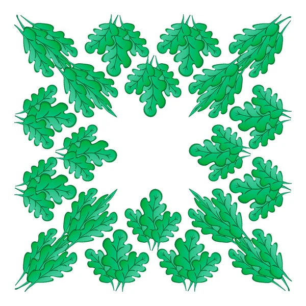 正方形背景上的框架 风格化的绿色橡树叶 植物图形 神奇的森林世界 设计元素 纺织品 包装背景 — 图库矢量图片