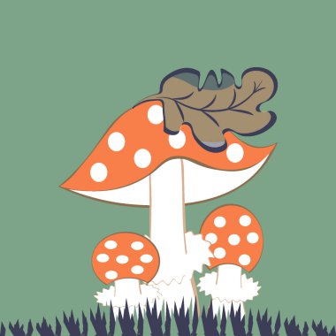 Kare arkaplanda vektör illüstrasyonu- stilize mantarlar - çimenlerin üzerinde şapkalı bir yaprak ile uçan üç kişilik bir aile. Muhteşem bir dünya. Gerçeküstü. Tasarım ögeleri.