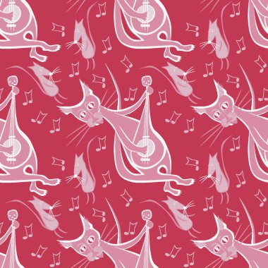 Kusursuz desen, kare arkaplanda sonsuz doku - gitar ve dans eden fareli kedi - grafikler. Parti, eğlence, dans, müzik, hayvanlar. Tasarım elemanları. Web sitesi, blog, duvar kağıdı, tekstil, ambalaj için arkaplan.