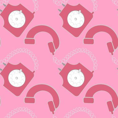 Kusursuz desen, kare arkaplanda sonsuz doku - stilize edilmiş nadir disk telefonlar - grafikler. İletişim, sohbet, iletişim. Tasarım elemanları. Web sitesi, blog, duvar kağıdı, tekstil, ambalaj için arkaplan