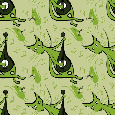 Kusursuz desen, kare arkaplanda sonsuz doku - gitar ve dans eden fareli kedi - grafikler. Parti, eğlence, dans, müzik, hayvanlar. Tasarım elemanları. Web sitesi, blog, duvar kağıdı, tekstil, ambalaj için arkaplan.
