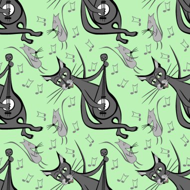 Kusursuz desen, kare arkaplanda sonsuz doku - gitar ve dans eden fareli kedi - grafikler. Parti, eğlence, dans, müzik, hayvanlar. Tasarım elemanları. Web sitesi, blog, duvar kağıdı, tekstil, ambalaj için arkaplan.