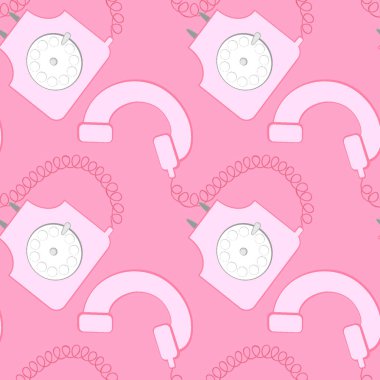 Kusursuz desen, kare arkaplanda sonsuz doku - stilize edilmiş nadir disk telefonlar - grafikler. İletişim, sohbet, iletişim. Tasarım elemanları. Web sitesi, blog, duvar kağıdı, tekstil, ambalaj için arkaplan