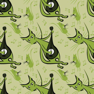 Kusursuz desen, kare arkaplanda sonsuz doku - gitar ve dans eden fareli kedi - grafikler. Parti, eğlence, dans, müzik, hayvanlar. Tasarım elemanları. Web sitesi, blog, duvar kağıdı, tekstil, ambalaj için arkaplan.