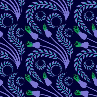 Kabarcıklarla çevrili çiçek ve yaprakların şekillendirilmiş tomurcukları, grafikler. Muhteşem bitki dünyası. Gerçeküstü