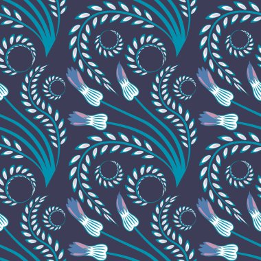 Kabarcıklarla çevrili çiçek ve yaprakların şekillendirilmiş tomurcukları, grafikler. Muhteşem bitki dünyası. Gerçeküstü