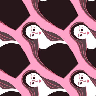 Kusursuz desen, sonsuz doku kare arkaplandaki illüstrasyon, kadın yüzlü biçimlendirilmiş tahta bebekler, matrioshka grafikleri. Oyuncak, kadın, gelenek. Tasarım ögeleri - Duvar kağıtları, tekstil, paketleme, web siteleri veya mobil uygulama için arkaplan