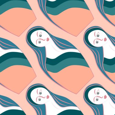 Kusursuz desen, sonsuz doku kare arkaplandaki illüstrasyon, kadın yüzlü biçimlendirilmiş tahta bebekler, matrioshka grafikleri. Oyuncak, kadın, gelenek. Tasarım ögeleri - Duvar kağıtları, tekstil, paketleme, web siteleri veya mobil uygulama için arkaplan