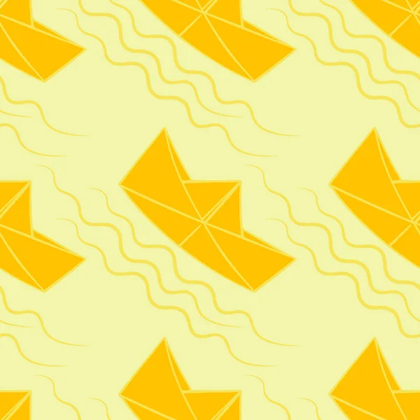シームレスなパターン 無限の質感 正方形の背景のイラスト 様式化された紙のボート グラフィック 海や海 無料の水泳 子供時代 折り紙 デザイン要素 — ストックベクタ