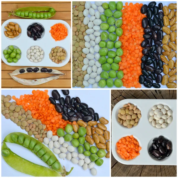Ciotole di legumi vari (ceci, piselli verdi, lenticchie rosse, lenticchie canadesi, lenticchie indiane, lenticchie nere, lenticchie verdi, fagiolini). Collage — Foto Stock