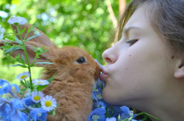 Felice ragazza con il coniglio rosso all'aperto — Foto Stock
