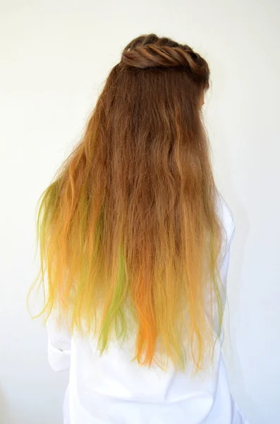 Girl with long hair dyed with colored strands Ombre — Stock Photo, Image