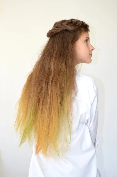 Girl with long hair dyed with colored strands Ombre — Stock Photo, Image