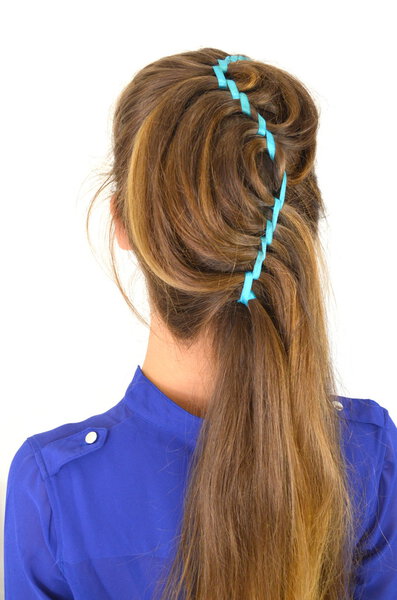 Hollywood wave, hair weave with blue ribbon