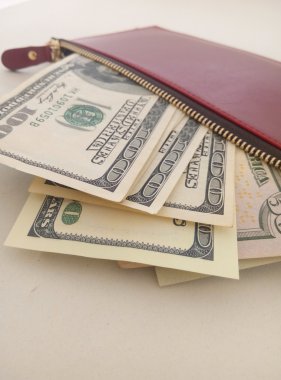 Kırmızı bir kadın çantası içinde birkaç dolar faturaları