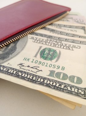 Kırmızı bir kadın çantası içinde birkaç dolar faturaları