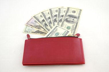 Kırmızı bir kadın çantası içinde birkaç dolar faturaları