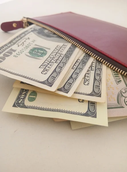 Несколько долларов в сумочке красной женщины — стоковое фото