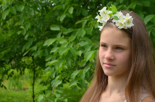 Menina com flores frescas de jasmim em seu cabelo — Fotografia de Stock