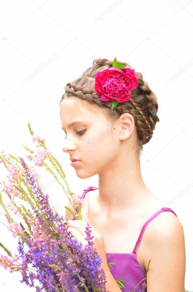 Hairstyle with French braids and peony