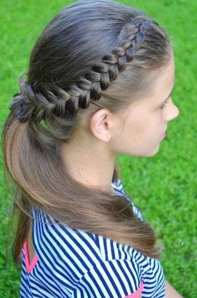 Penteado com uma trança francesa — Fotografia de Stock