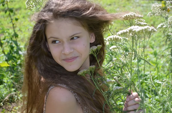Mädchen bei Wildblumen — Stockfoto