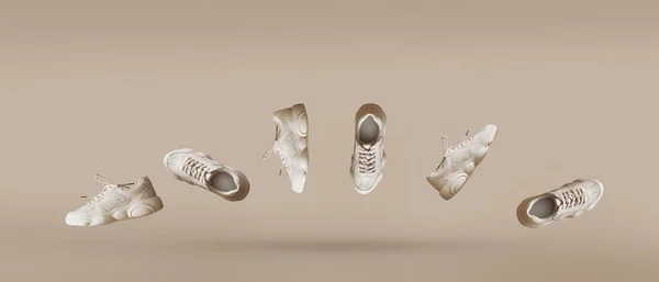 Bej arka planda uçan altı adet açık renk kadın spor ayakkabısı. Modaya uygun tek renkli minimalizm, havaya yükselme ayakkabıları, yaratıcı tasarım, yaz satışları, moda blogu. Kopyalama alanı olan pankart.