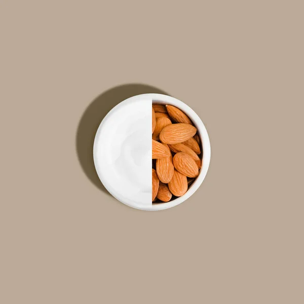 Creative Mockup Almonds Cream White Jar Beige Background Hard Shadow — Stock Photo, Image