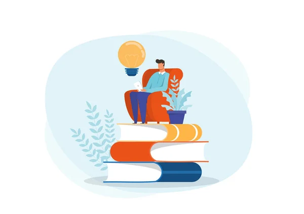 Young Man Reading Book Sitting Stack Giant Books Idea Read — Stock Vector