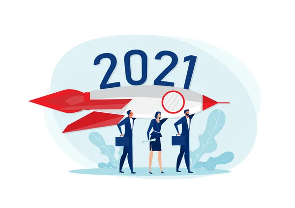 Týmoví Obchodníci Drží Raketu Zaměřenou Cíl 2021 Let Plochá Vektorová — Stockový vektor