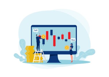 two business trader and business candlestick chart with buy and sell buttons on blue background