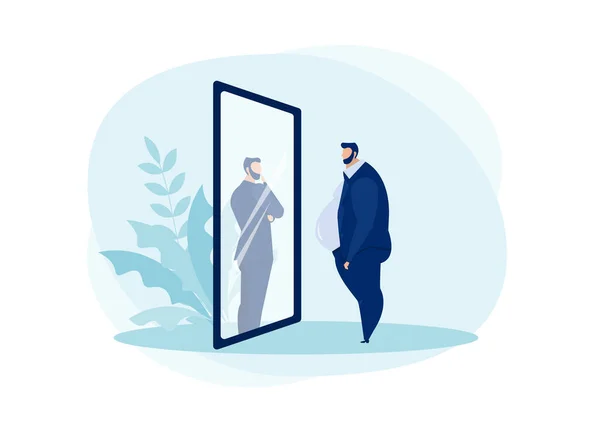 Homme Affaires Regardant Miroir Debout Avec Gros Ventre Comparer Vecteur — Image vectorielle