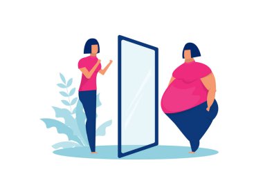 fat lady  looking at mirror fit reflection before and after concept. clipart
