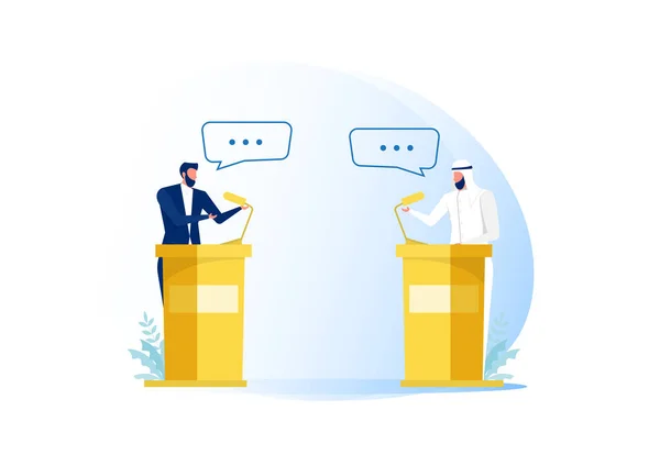 Arabische Zakenmensen Sprekers Debat Handel Politici Kandidaten Flat Vector Illustratie — Stockvector