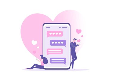 Sevgililer Günü, birkaç kişi aşk mesajları için akıllı telefon uygulaması kullanıyor. Romantik Çevrimiçi Aşk Sohbeti vektör çizimi