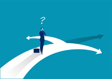 Orta yolda duran ve yönü seçen bir iş adamı. İş konsepti. Modern vektör çizimi. Yönetmen