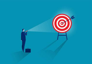 İş adamı hedefe ışık tutuyor. Yeni bir pazarlama hedefine odaklanıldığında, iş vektörü kavramı.