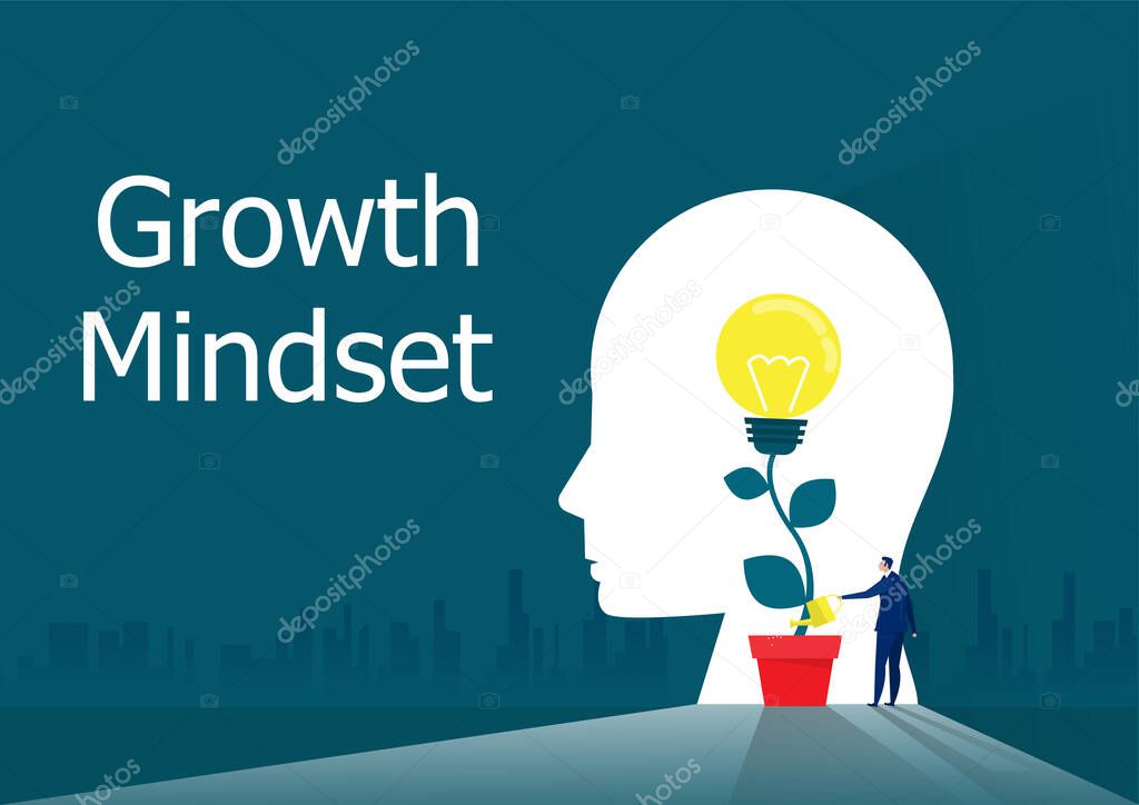 businessman Watering plants with light bulb for put think growth mindset concept vector 