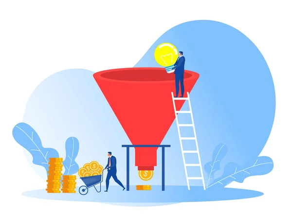 İş adamı ampul ışığını, dönüşüm fikirleriyle tutuyor. Zaman bilgi teknolojilerini paraya çeviriyor. Huni akışı konsepti. illüstrasyon vektörü.