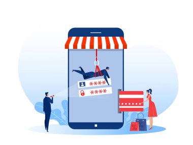  Hacker cep telefonundan kredi kartından para çalıyor. Düz vektör çizimi. Suç, bankacılık, güvenlik sorunu kavramı