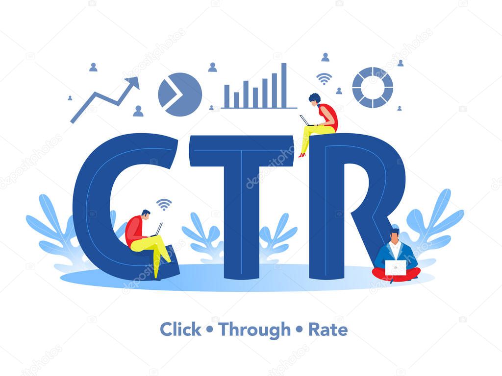 Team people Working and review CTR, click trough rate on big word or text flag vector illustrator