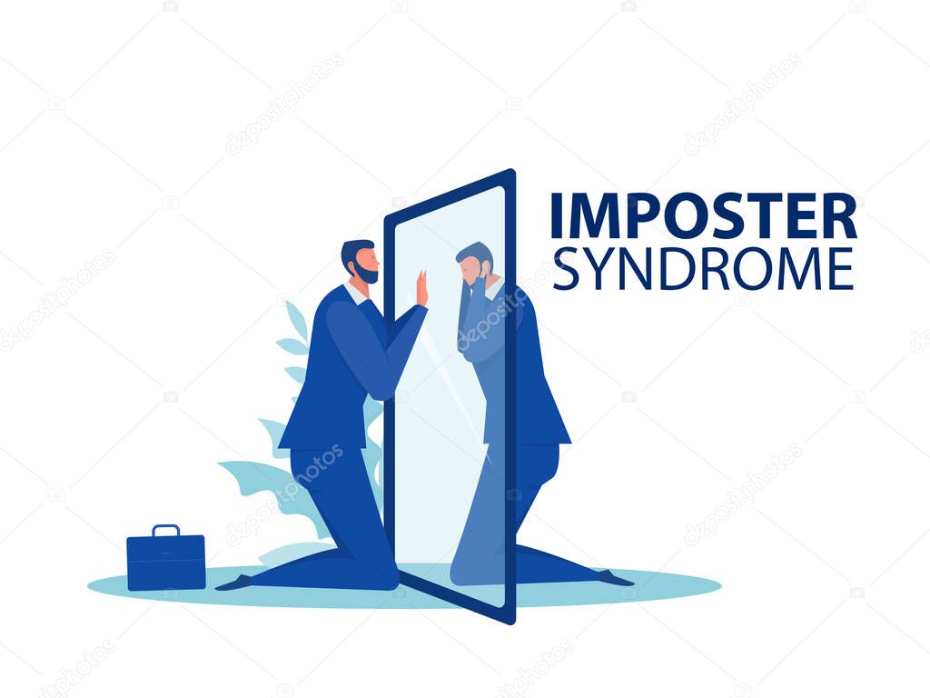 Imposter syndrome.businessman looking a mirror with fear shadow behind,Mental Health Problems, Anxiety and lack of self confidence at work Vector Illustration