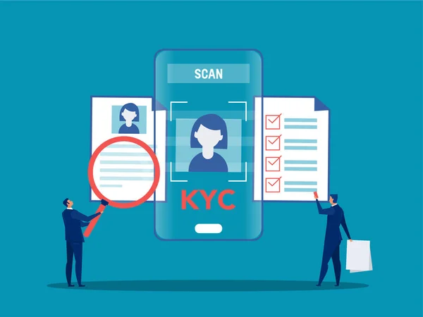 Kycまたは拡大ガラスベクトルイラストレーターを介してパートナーにそのクライアントの概念のアイデンティティを検証するビジネスであなたの顧客を知っている — ストックベクタ