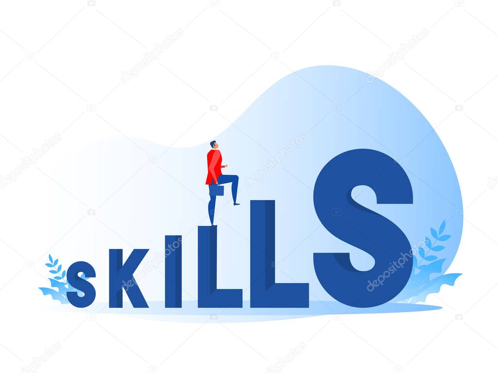 businessman walking up skill development or knowledge management. Flat isolated vector illustration.
