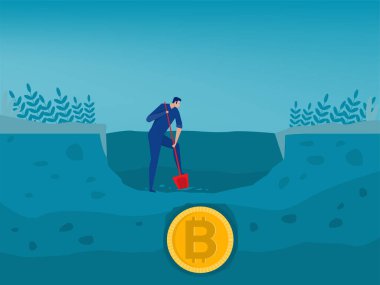 Bitcoin altın madeni paralarını kazıp keşfeden insanlar. Bitcoin madenciliği ve neslin Vektör illüstrasyonu için ticaret pazarı kavramı