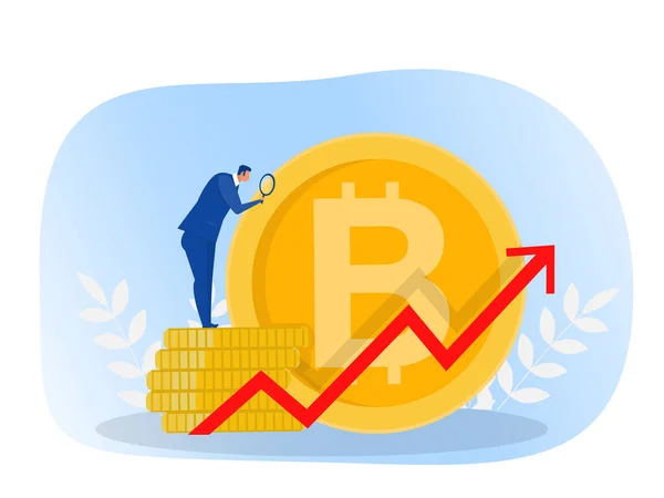 Zakenman Vergrootglas Geniet Van Stijging Van Prijzen Van Bitcoin Financieel — Stockvector