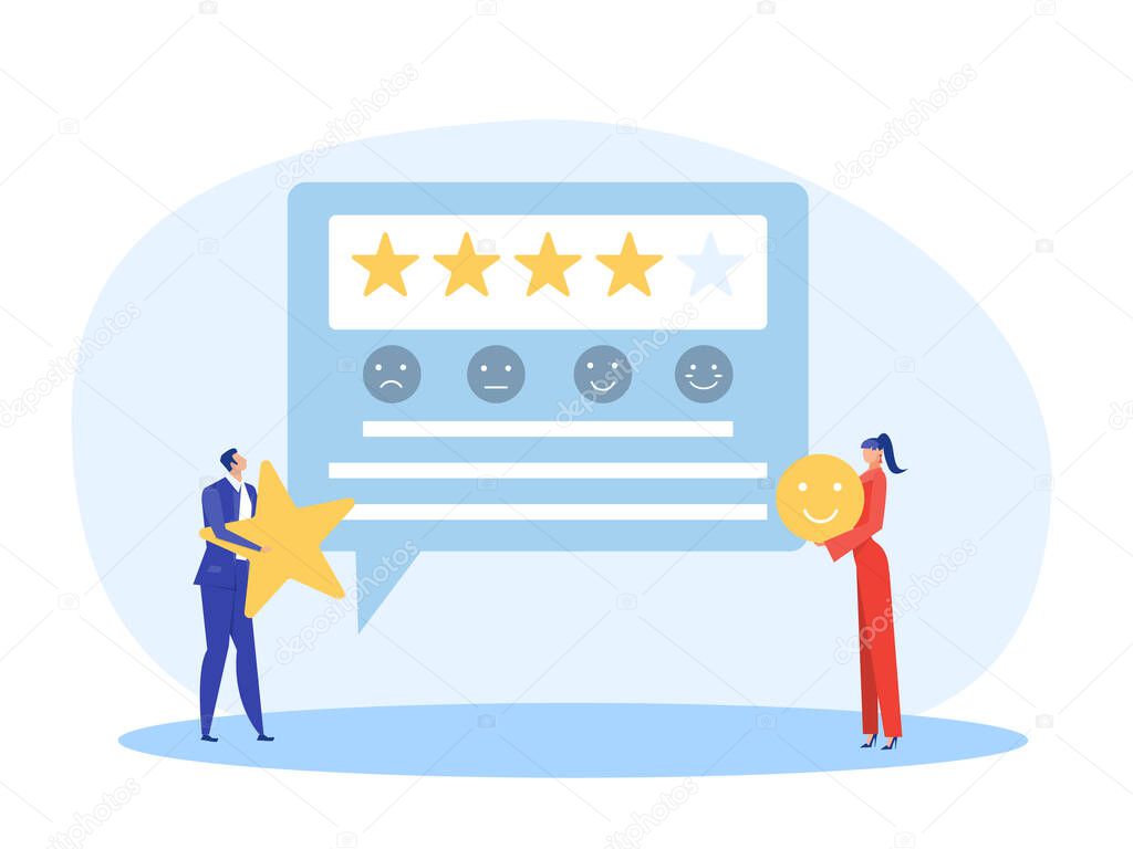 woman and man holding Stars rating for vote store shop business concept vector illustration